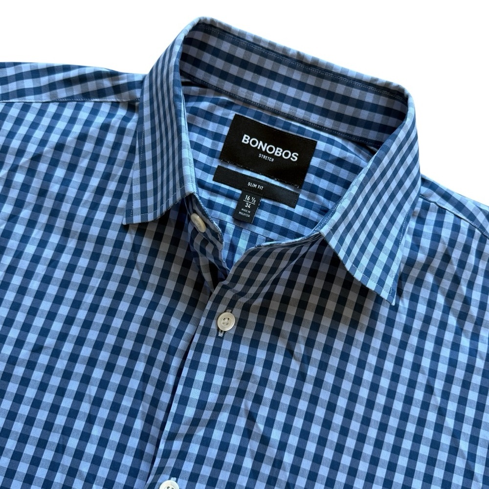 Bonobos Dress Shirt Mens 16.5 34/35 Blue Gingham Check Slim Fit Button Office